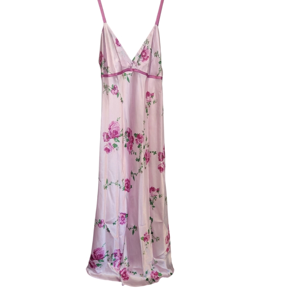 Jones New York Vintage Satin Slip Dress Nightgown Pink Rose Floral  Size Small